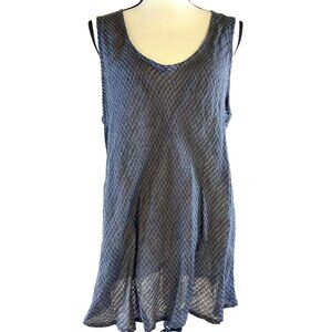 Flax Sleeveless Tunic Dusty Blue Check Scoop Neck Lagenlook Tank Top Linen L EUC